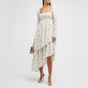 NWT We Wore What Ivory Polka Dot Floral Asymmetric Puff-Sleeve Tiered Dress